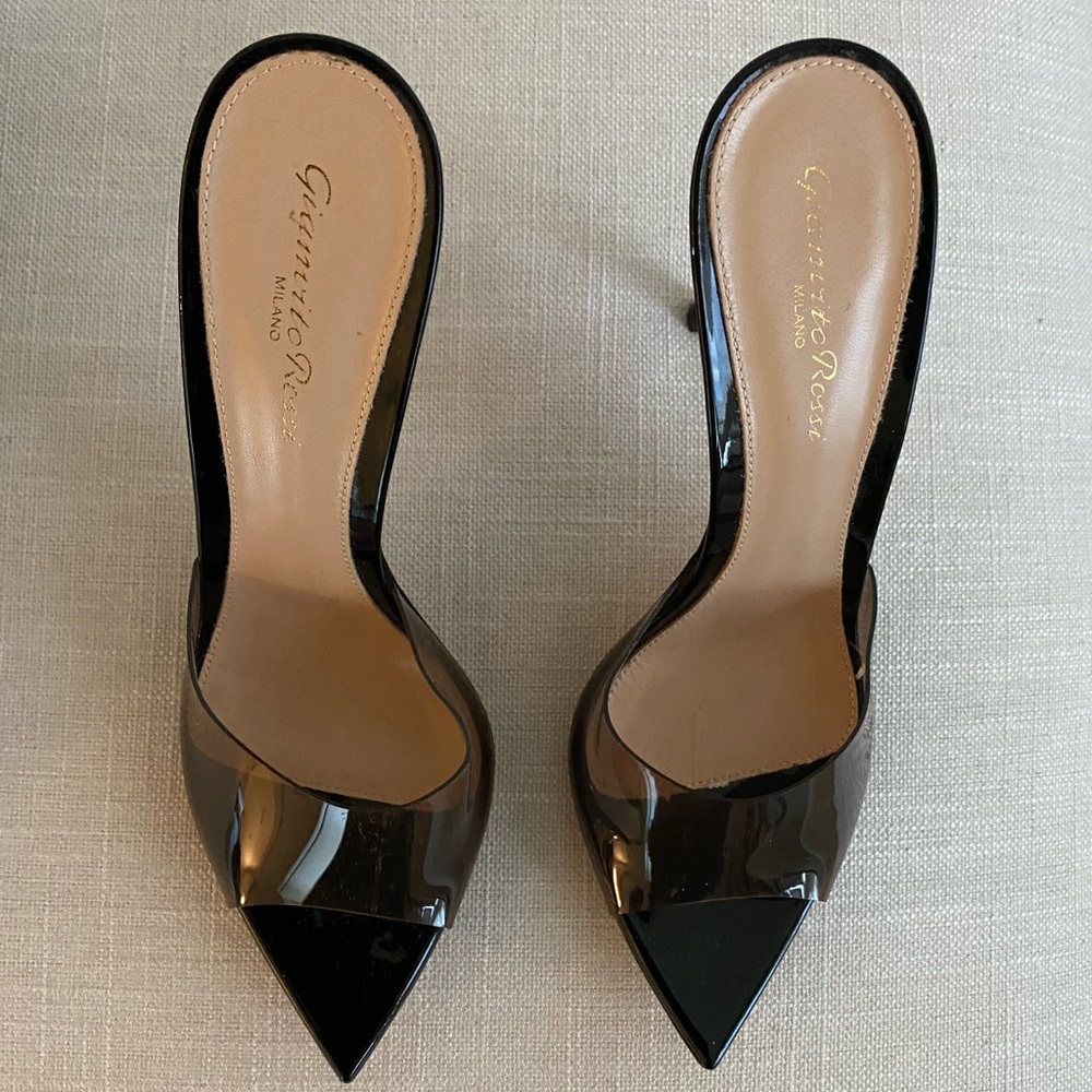 Gianvito Rossi Elle 105mm Plexi Mules-blush black. Also includes the extra heels